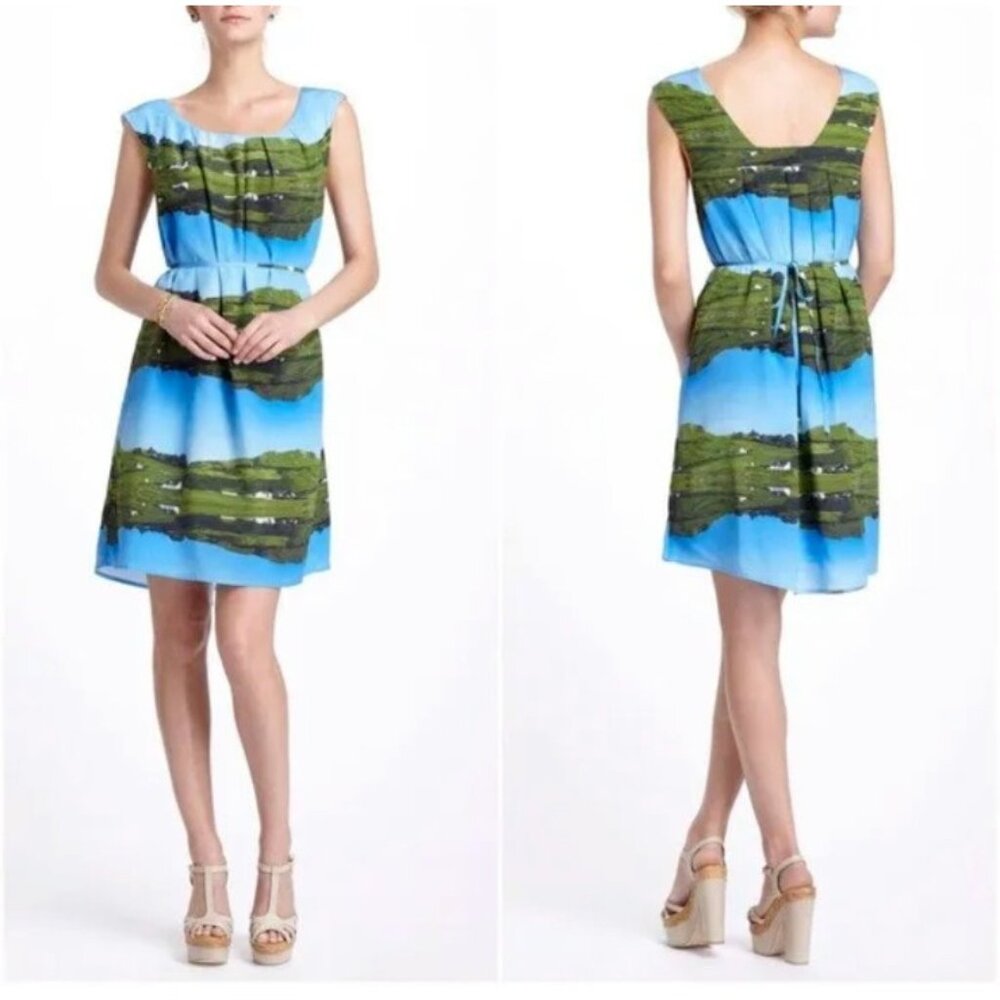 Anthropologie Meadow Rue SILK Cuillin Dress  Blue Green Summer  $248